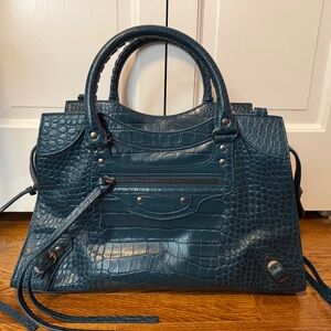 Balenciaga Elegant Crocodile-Embossed Blue Handbag NWT